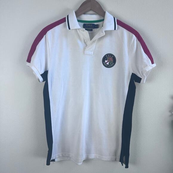 Polo Ralph Lauren White Custom Fit Men's Polo Embroidery Patch Red Blue Size S - Picture 1 of 9